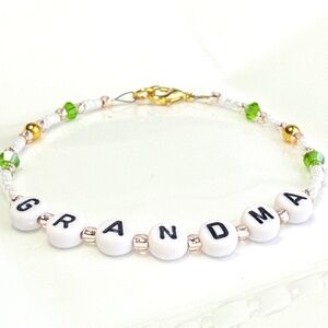 GRANDMA Bracelet Pearly White & Golden Seed Beads Green Crystals & Gold Tone